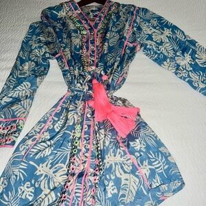 Miss June Paris Lavender Blue beach cover up with Neon Pink Accents and tie belt